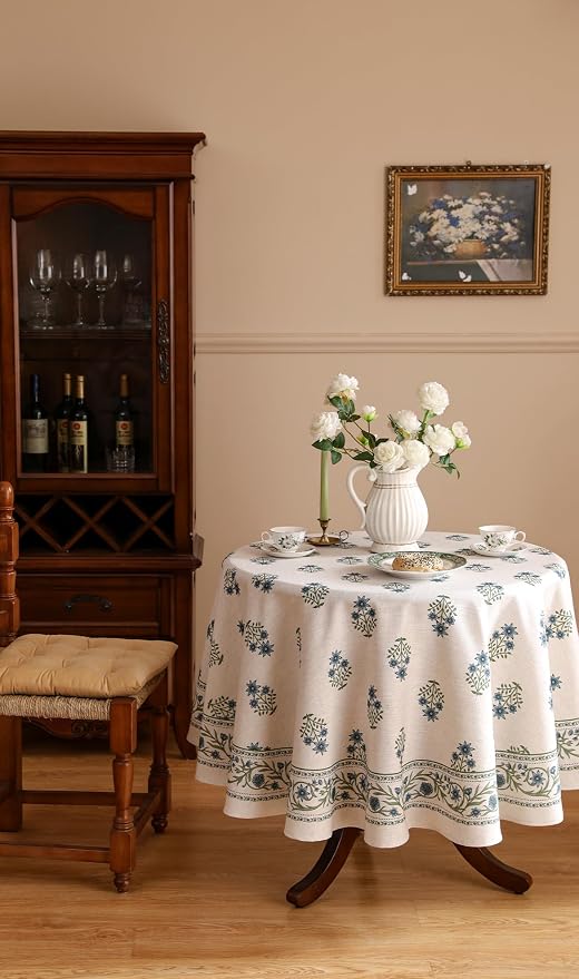 ISAENNE Designer White Linen Small Round Tablecloth, Chinoiserie Floral Elegant - Image 8