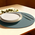 Round Vinyl Blue Placemats Set of 6, Faux Leather Waterproof Wipeable Heat by Rinpon