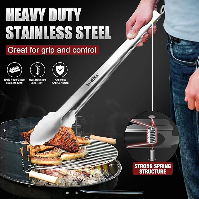 Stainless Steel Grilling Tongs, Set of 2 in 12 and 16 Inch