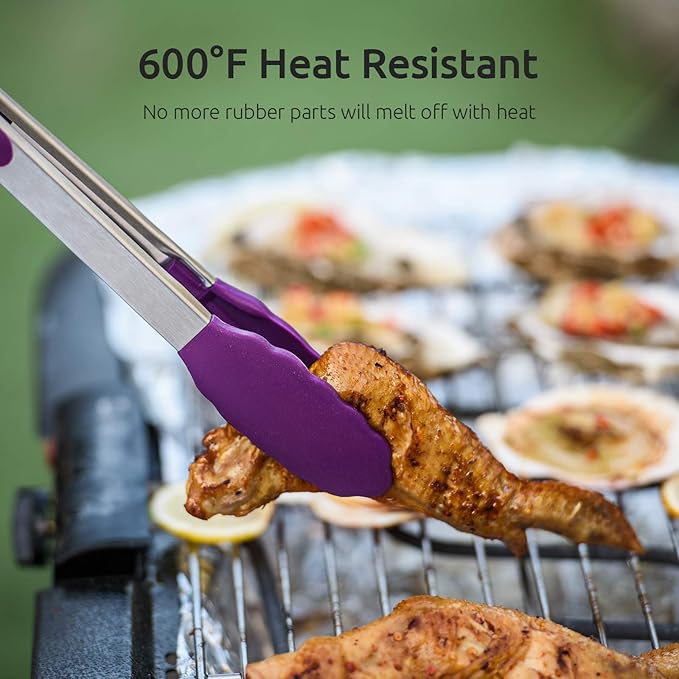 Cooking Tongs with Silicone Tips, 7, 9 and 12 Inch Stainless Steel, Purple