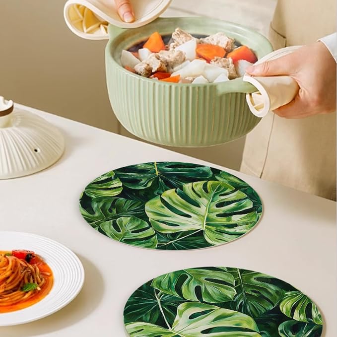 Faux Leather Placemats Set of 4, Tropical Green Leaves Ding Table Round - Image 5