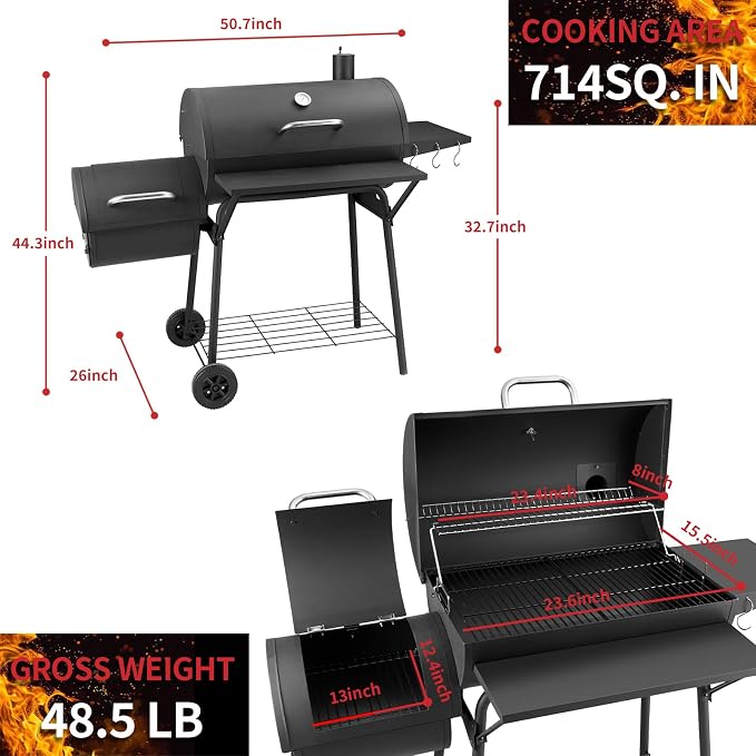 Barrel Charcoal Grill with offset smoker, 714 Square Inches Cooking Area - Image 2