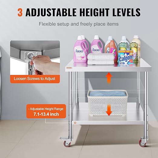 Vevor 30x36x34 Inch Stainless Steel Work Table 3-Stage Adjustable Shelf - Image 5