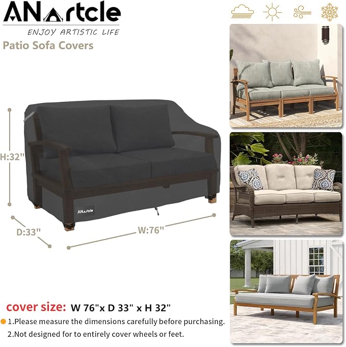 3-Seater Patio Sofa Cover, 76W x 32.5D x 33H Inches Outdoor Couch Cover - Image 3