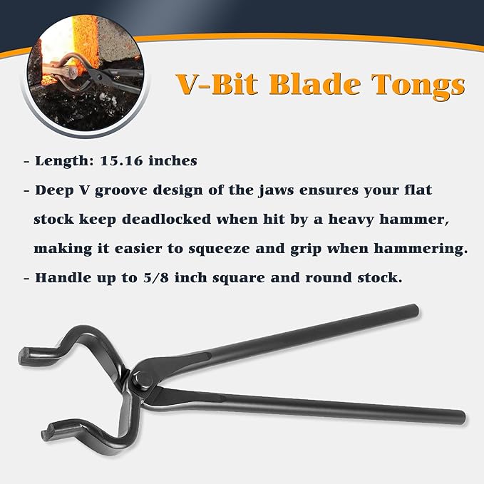 Knife Making Tongs Set, V-Bit Blade Tongs, 4-Piece, Black Steel
