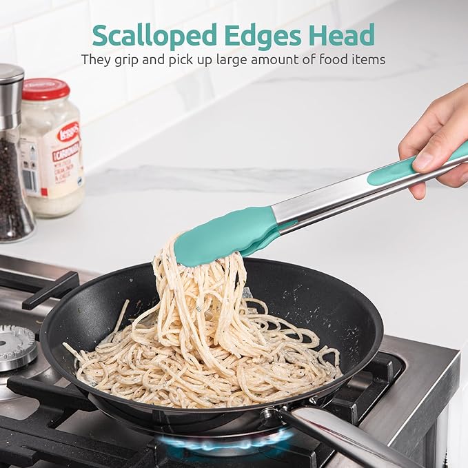 Tongs with Silicone Tips and Lock, 18/8 Stainless Steel, Aqua Sky