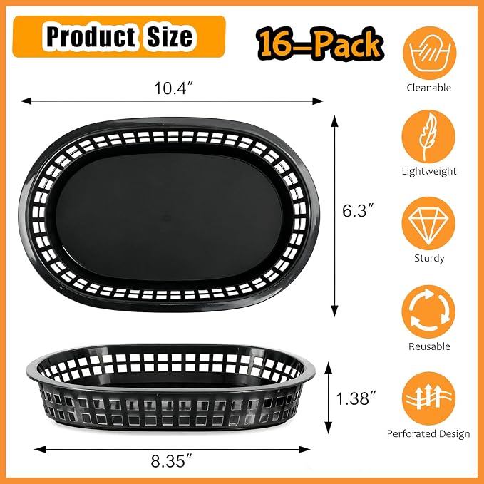 Fast Food Baskets 16-Pack, 10 x 6 Inch Plastic Oval Serving Baskets - Image 2
