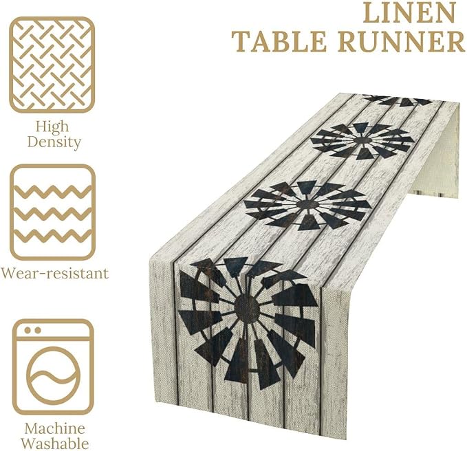 Retro Windmill Table Runner, Rustic Farmhouse Wood Grain Country Style Print - Image 4