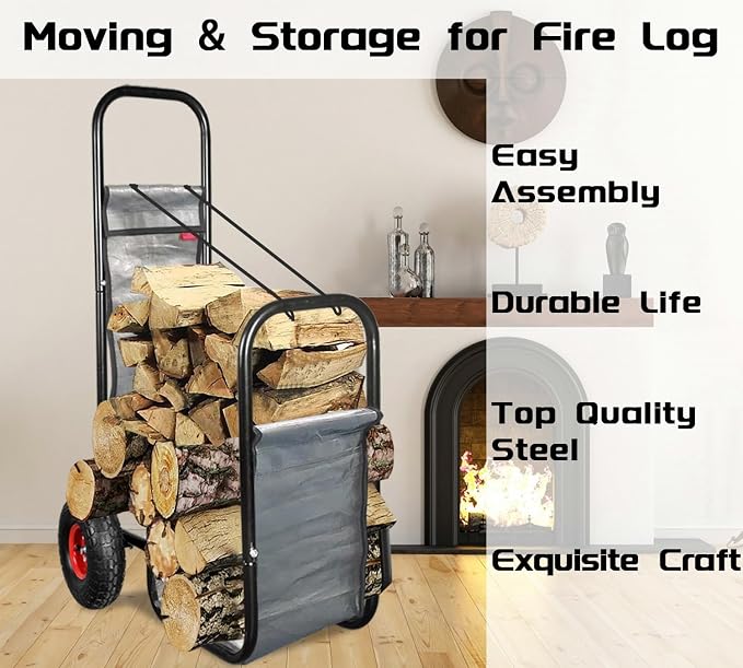 Firewood Cart with Pneumatic Wheel: 44 X 27 X 20 in Heavy Duty 220 lbs Load - Image 4