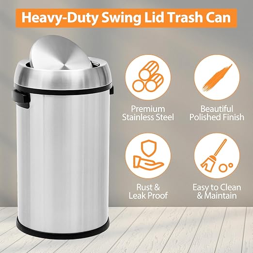 GarveeHome 17 gal/65 L Swing Top Trash Can, Stainless Steel Rubbish Bin - Image 2
