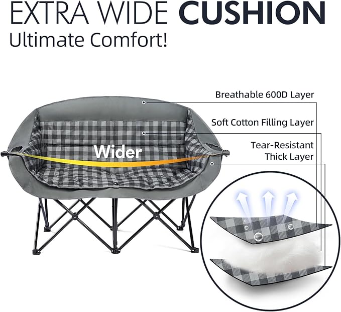 Camping Chair for Two, Padded Grey Loveseat with Cup Holders