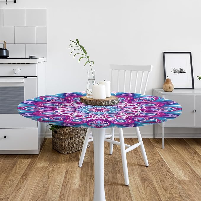 Mandala Vintage Flowers Round Table Cloth Cover, Elastic Edge Waterproof - Image 6