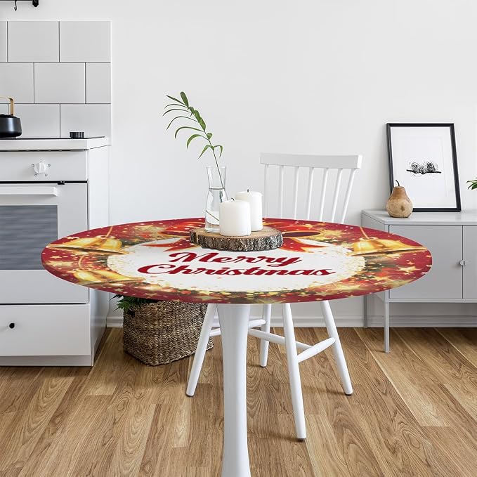 Merry Christmas Bell Bow Round Table Cloth Cover, Elastic Edge Waterproof - Image 6