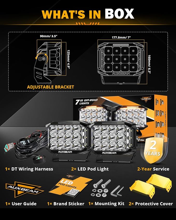 Auxbeam V-MAX Series 204W LED Driving Pod Lights, 7Inch Rectangle Offroad - Image 7
