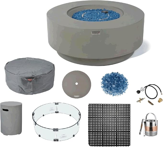 Elementi+ | Bundle Colosseo Gas Fire Pit Cast Concrete 40" Dia. Round Fire Table by AMSFireplaceInc