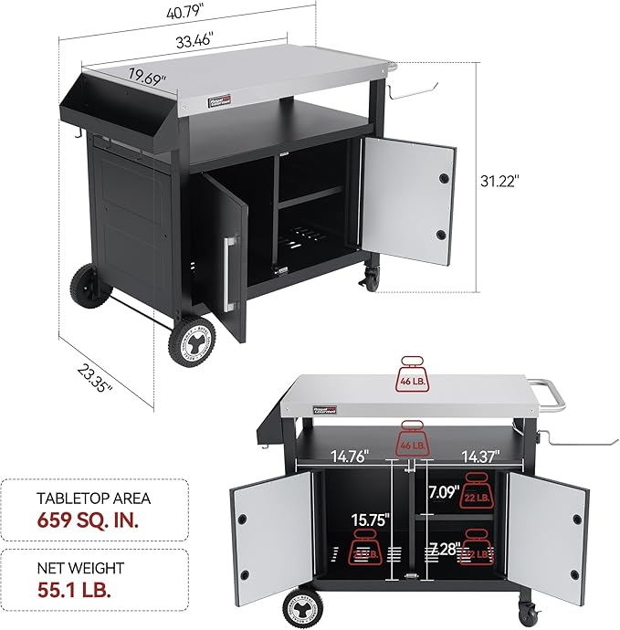 Outdoor Grill Cart with Wheels, Movable Kitchen Island with Storage Cabinet - Image 3