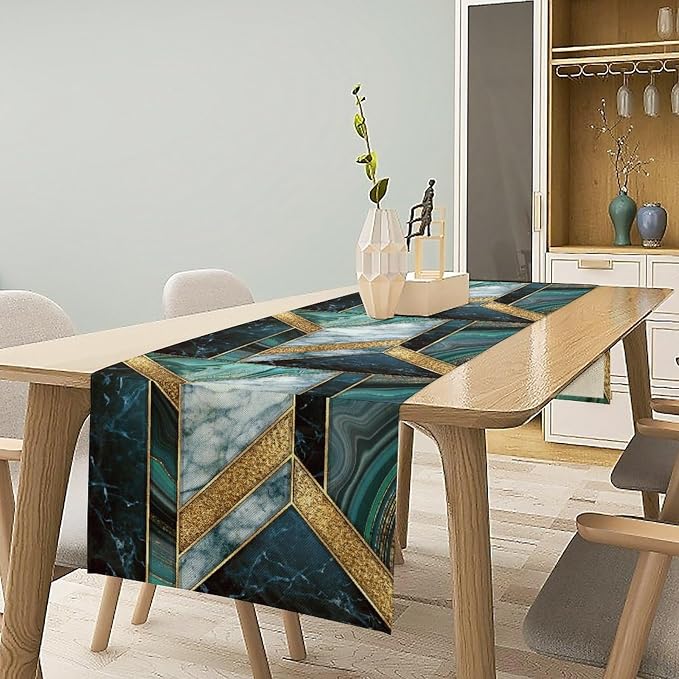 Marble Table Runner, Dark Green Gold Modern Mosaic Design Table Runner - Image 3