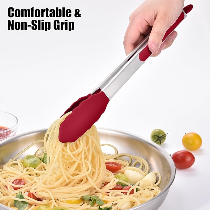 Tongs with Silicone Tips, Red 18/8 Stainless Steel, Heat Resistant to 600°F