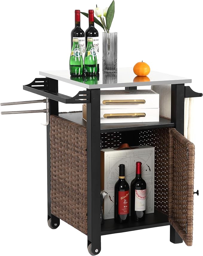 Grill Cart Outdoor with Wheels, Outdoor Prep Table with Wicker Storage and by Villeston