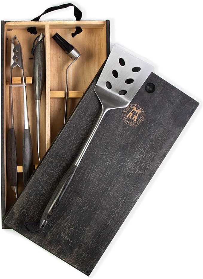 Barbecue Tool Set, 4-Piece Stainless Steel with Ash Wood Handles