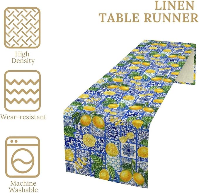 Tiles Lemon Table Runner Blue White Yellow Vintage Rustic Summer Fruit Chic - Image 7