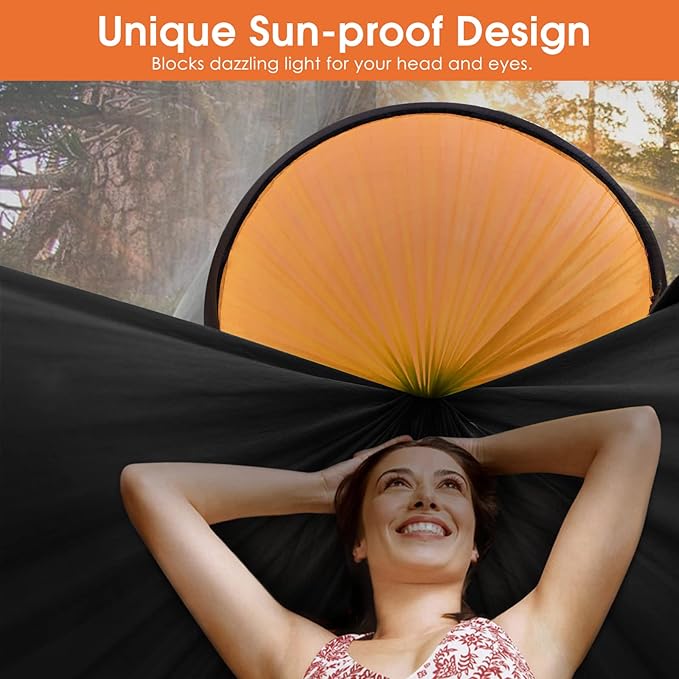 Hammock with Mosquito Net, Black/Orange Nylon Pop-Up Camping Hammock