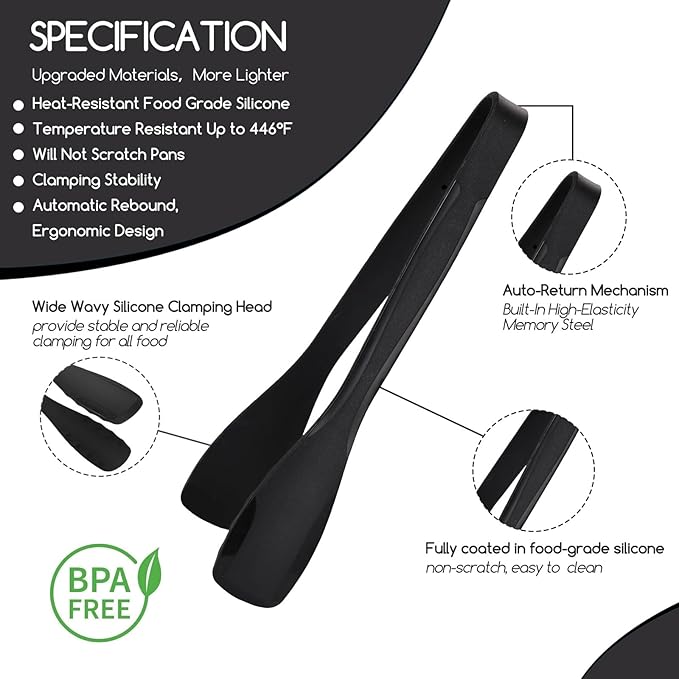 Tongs, 11 Inch Black Silicone Tip Stainless Steel Kitchen Tongs, 2-Pack