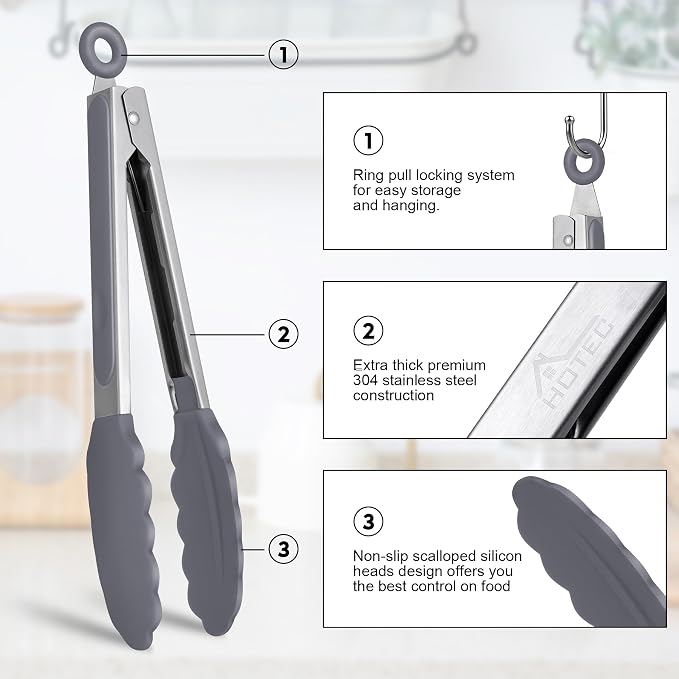 HOTEC Premium Stainless Steel Locking Kitchen Tongs - Image 5
