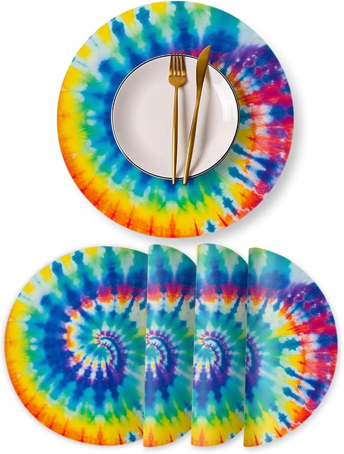 Faux Leather Placemats Set of 4, Colorful Spiral Tie-Dye Ding Table Round by BaHomeck