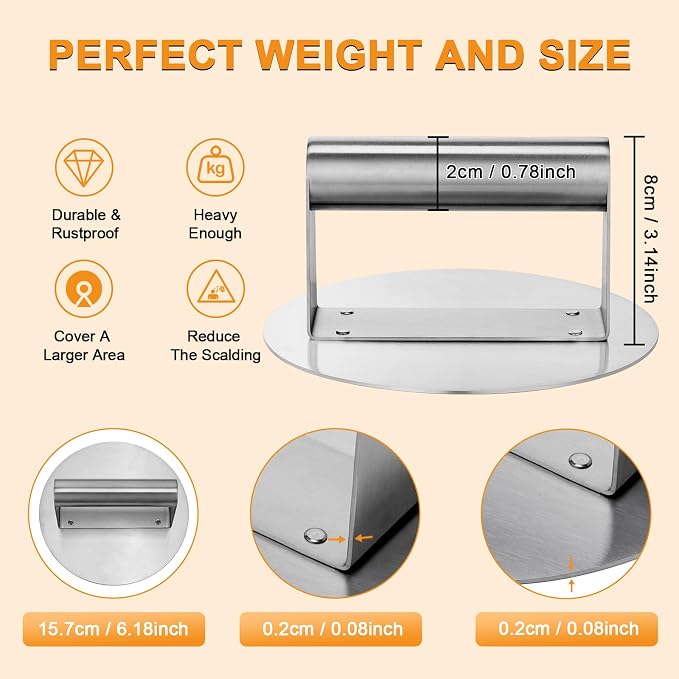 Stainless Steel Burger Press 6.2" Round Smash Burger Press- Pro Non-Stick - Image 2