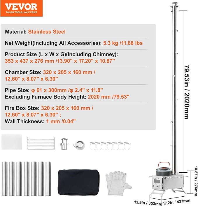 VEVOR Camping Wood Stove Stainless Steel Camping Tent Stove, Portable Wood - Image 8