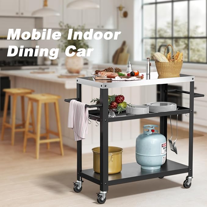 Outdoor Grill Cart with Three-Shelf, Stainless Steel Pizza Oven Table - Image 6