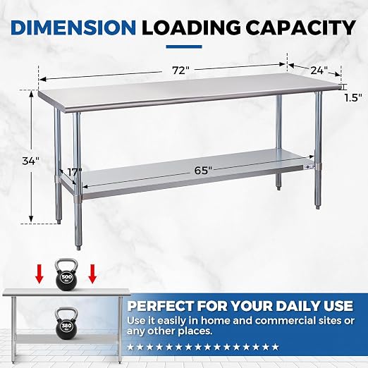 Profeeshaw Stainless Steel Prep Table 72x24 Inch NSF Commercial Work Table - Image 2