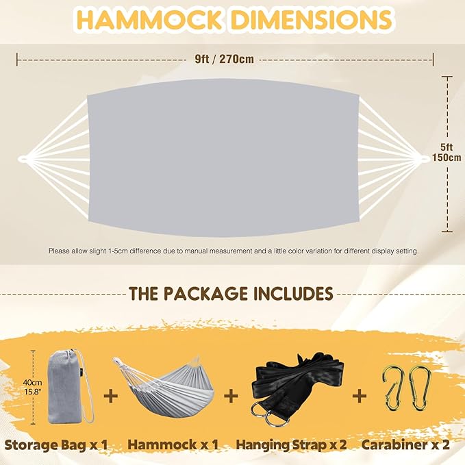 Hammock in Grey Cotton with Anti-Rollover Design, 106 x 59 Inch