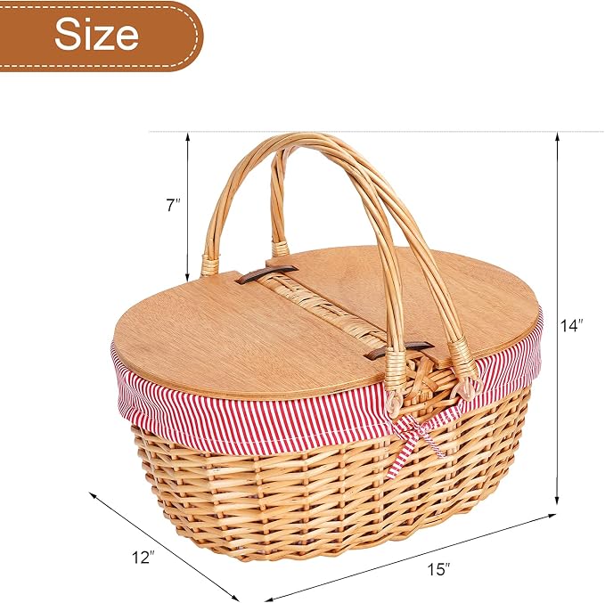 Wicker Picnic Basket with Liner, Wooden Split Lid Picnic Basket, Vintage-Style - Image 3