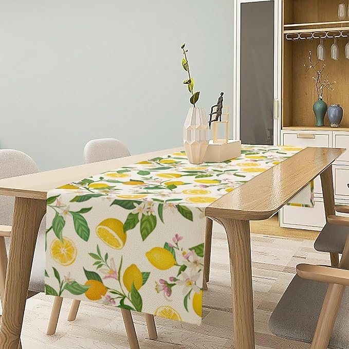 Yellow Lemon Table Runner, Spring Floral Summer Fruits Print Table Decoration - Image 2