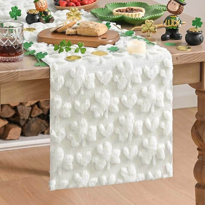 Artoid Mode White Soft Plush Faux Fur Jacquard Heart Clover St. Patrick's Day by ArtoidMode