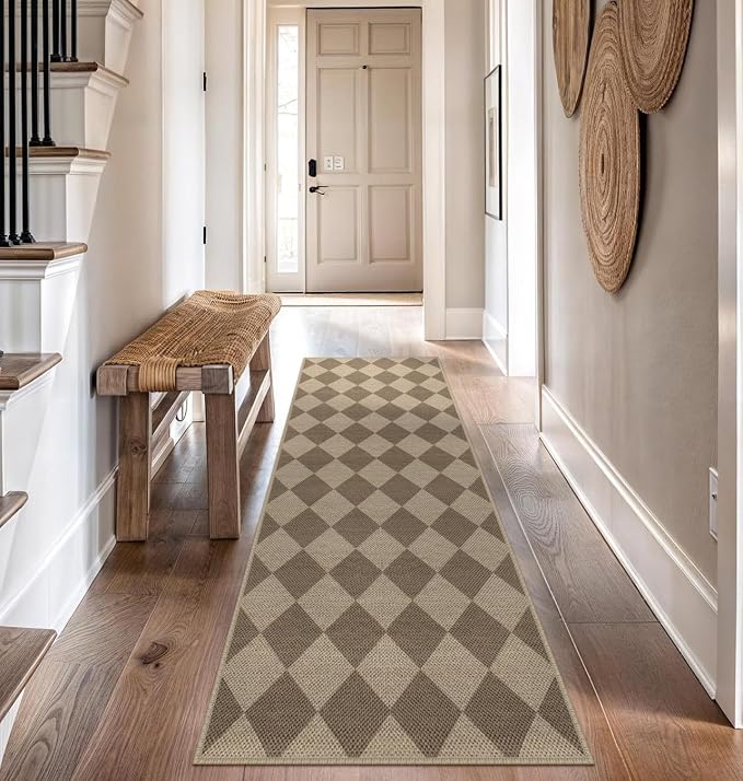Easy Jute Checkered Runner Rug, 2.6x8 Brown Modern Washable Rugs Runner - Image 6