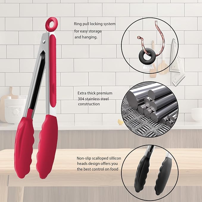 Tongs with Stainless Steel Handles and Silicone Heads, 3 Sizes, Red