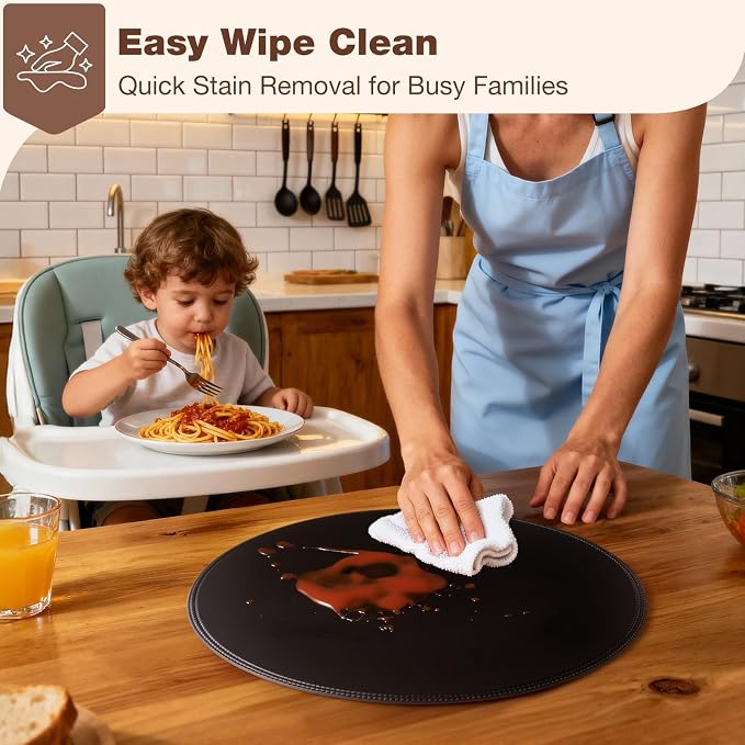 Round Vinyl Black Placemats Set of 6, Faux Leather Waterproof Wipeable Heat - Image 3