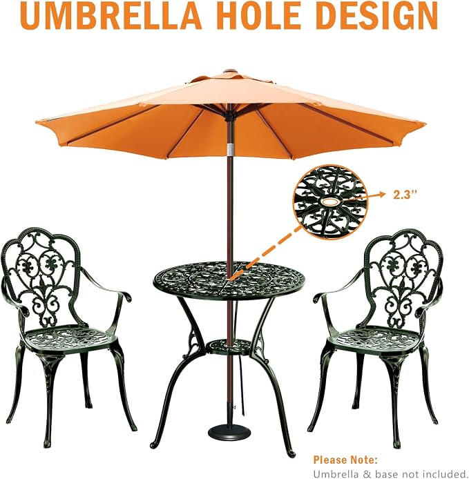 Patio Bistro Set of 2, Cast Aluminum, Outdoor Set w/Umbrella Hole, 3 Piece - Image 6