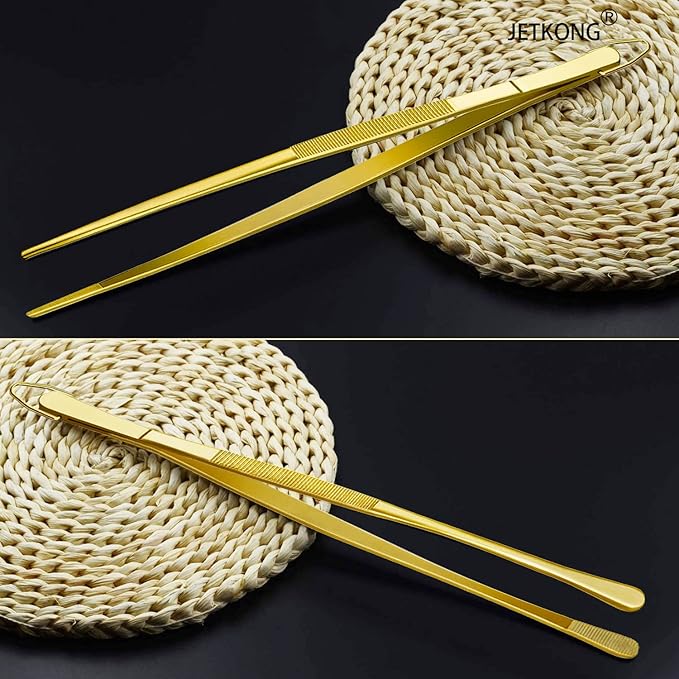 Tongs 12-Inch Stainless Steel Kitchen Tweezers, Set of 2 in Gold