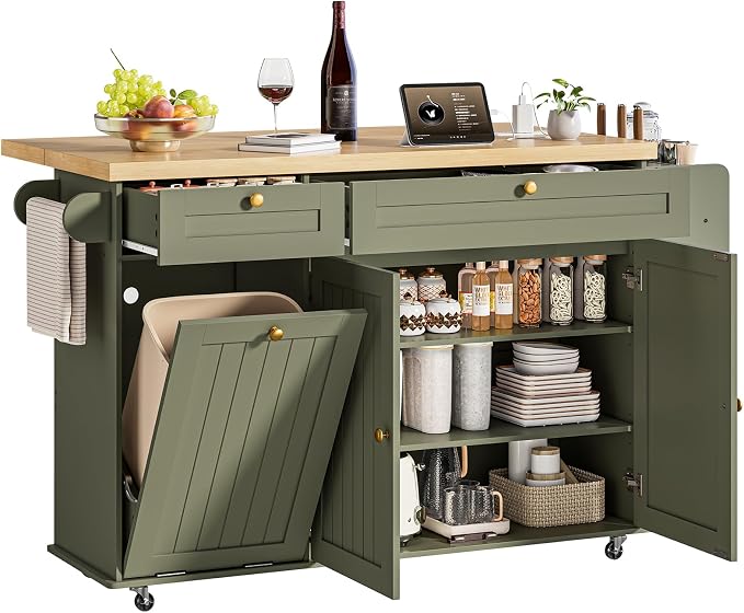 60" Kitchen Island with Power Outlet & Drop Leaf, Kitchen Rolling Island with by ONBRILL