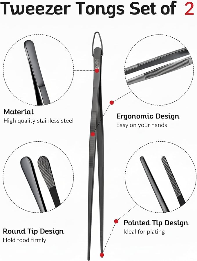 Tongs: 2-Piece Black 430 Stainless Steel Tweezer Set