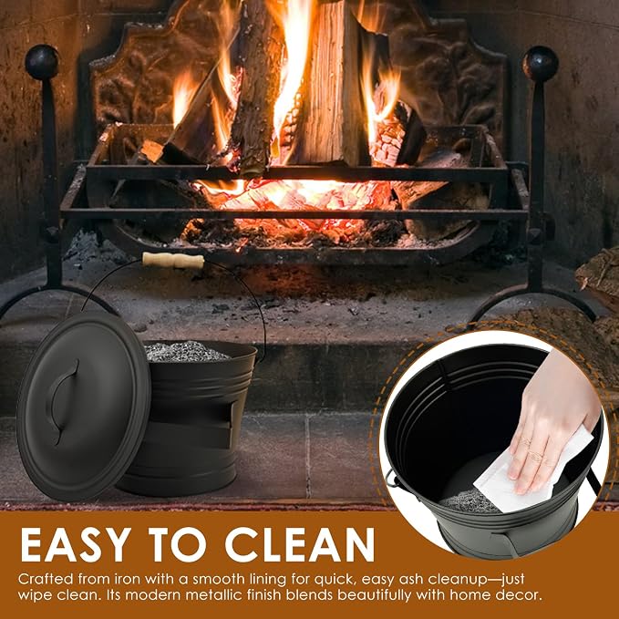 1.5 Gallon Ash Bucket with Lid and Shovel Broom Metal, Fireplace Ash Bucket - Image 5