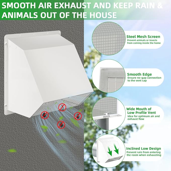 6 Inch Hooded Wall Vent with Screen and Damper, Wall Exhaust Vent Cover Cap - Image 3