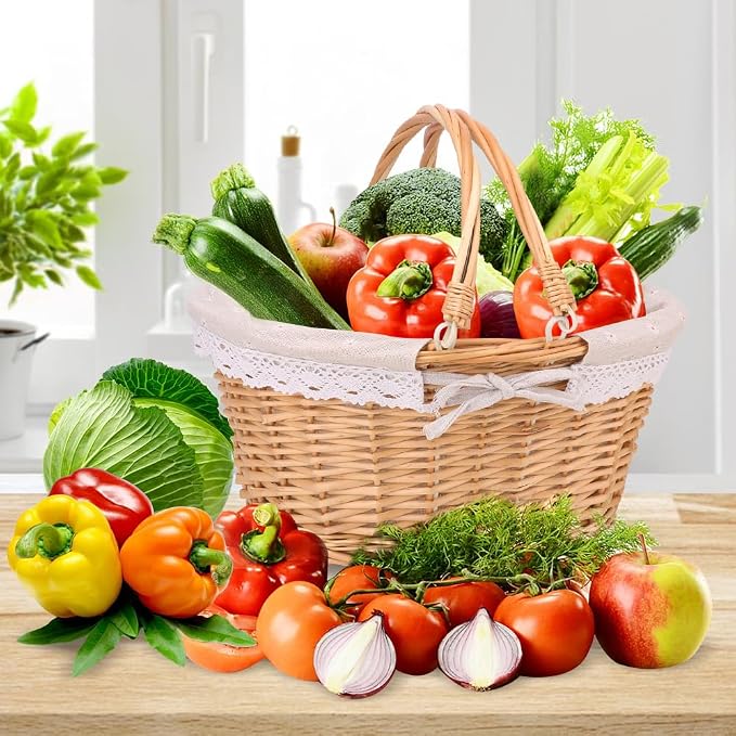 Natural Wicker Basket with Linen Lining, Woven Picnic Basket with Handle - Image 6