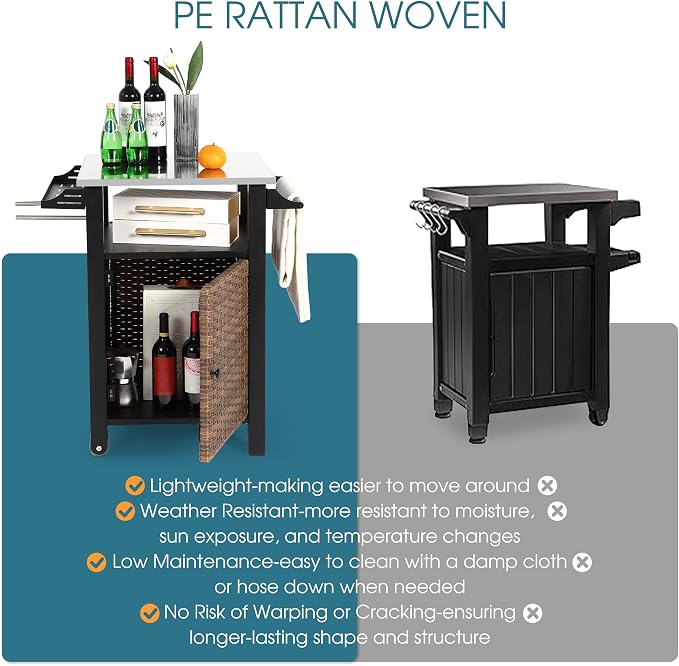 Grill Cart Outdoor with Wheels, Outdoor Prep Table with Wicker Storage and - Image 2