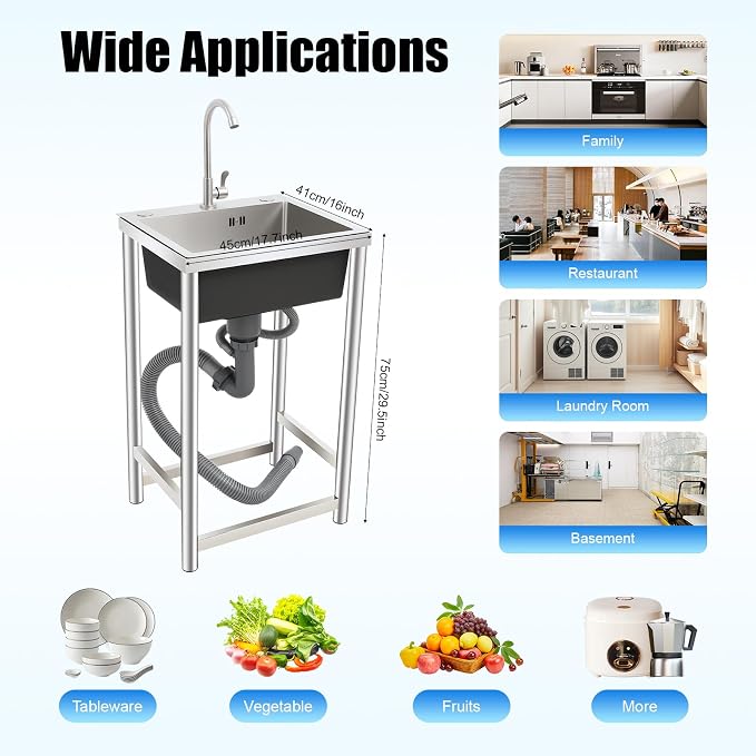Free Standing Single Bowl Kitchen Sink Commercial, Outdoor Utility Sink - Image 2
