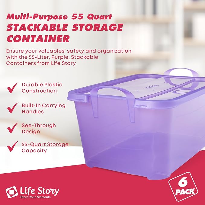 Life Story 6 Pack Light Duty Stackable Storage Bin, 55 Quart Home Organizer - Image 3